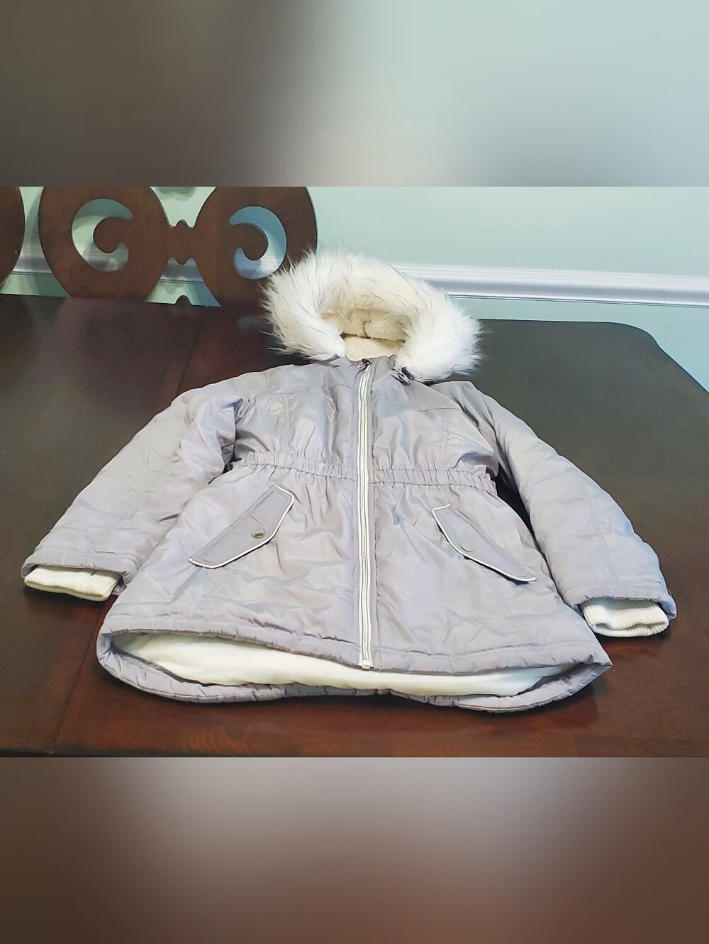 MICHAEL Michael Kors Girls Light Gray Parka Coat Faux Fur Hood Size 14
